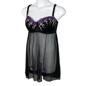 Cacique Womens 22-24 Babydoll Lingerie Black Purple Floral Embroidered Bows Sexy
